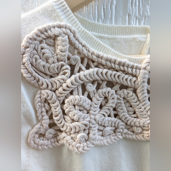 Knitted & Knotted Cotton Cashmere Blend Ivory Crochet Detail Knit Sweater Small - Picture 3 of 6